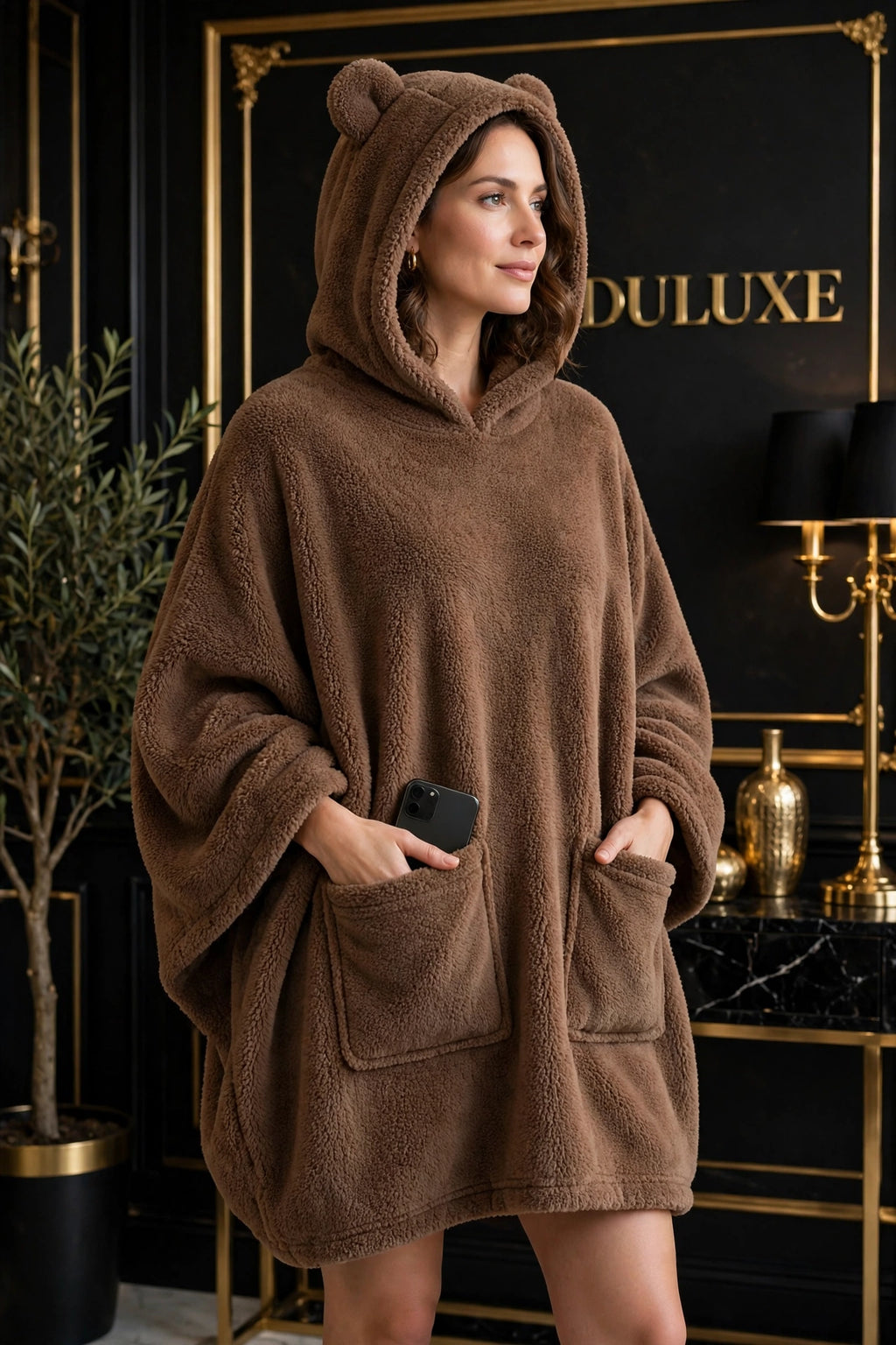 Femme debout portant le plaid à capuche ours brun, mains dans la grande poche kangourou