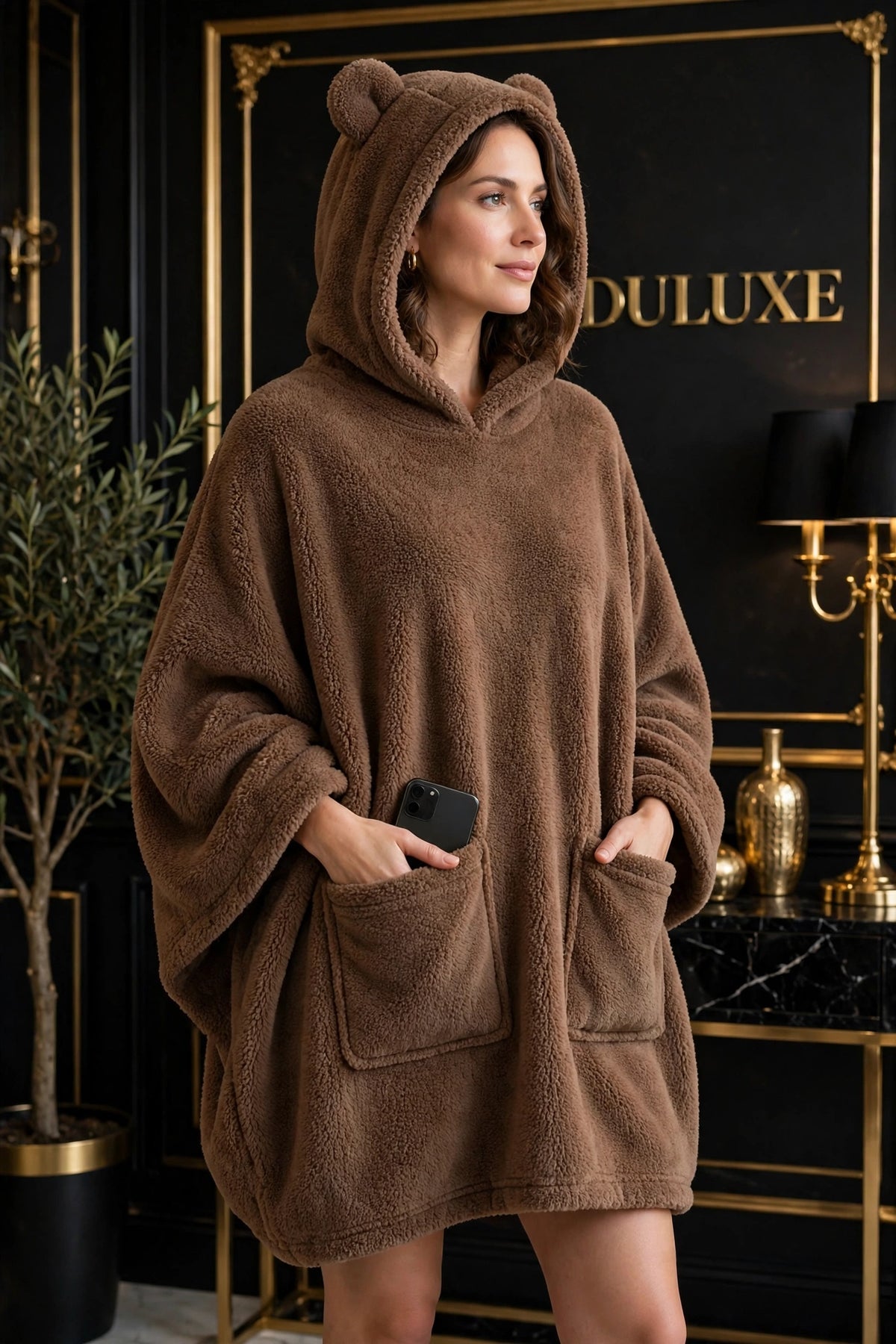 Femme debout portant le plaid à capuche ours brun, mains dans la grande poche kangourou