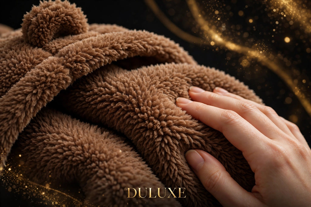 Gros plan sur la texture de peluche ultra douce du plaid à capuche ours DULUXE caressée par une main