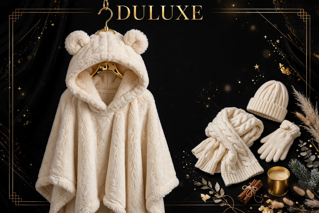 Plaid à capuche ours crème sur cintre doré avec des accessoires d'hiver élégants DULUXE