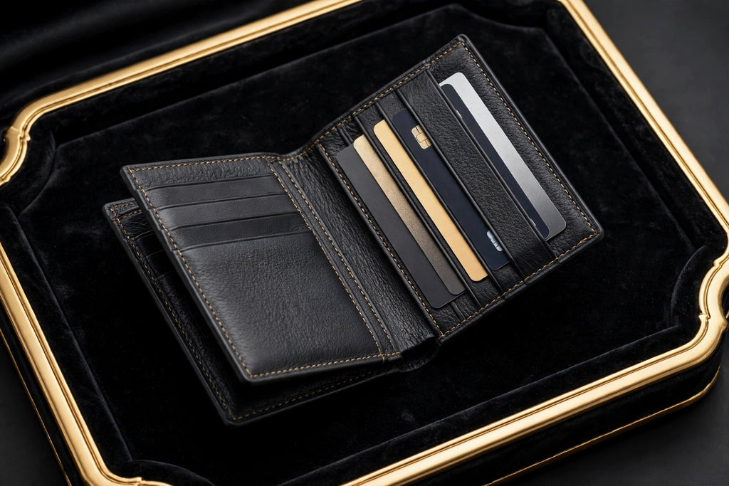 Porte-cartes anti-RFID compact noir DULUXE présenté sur écrin noir et doré