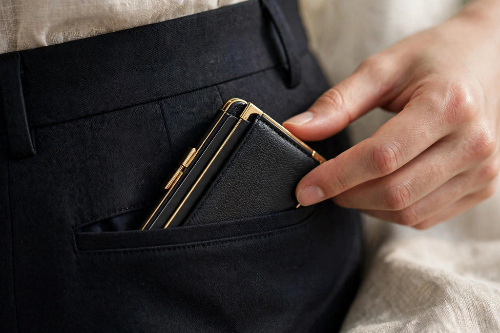 Porte-cartes compact glissé dans la poche avant, format mini au quotidien