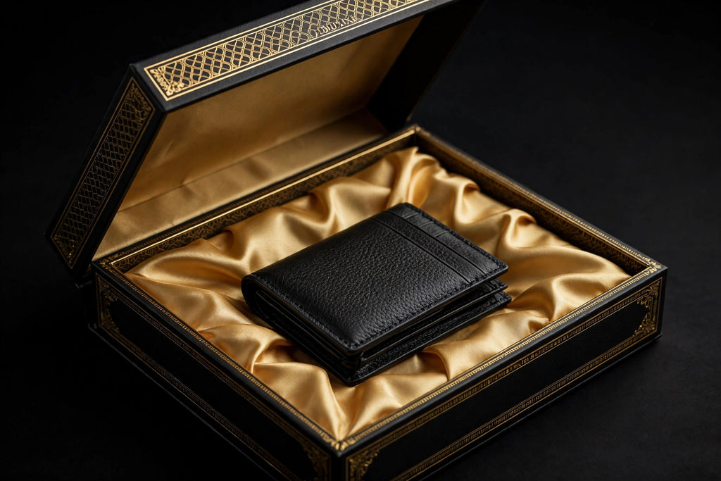 Porte-cartes compact DULUXE dans sa boîte de présentation noire et dorée