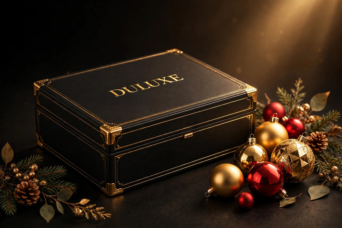 Boîte de rangement pour ornements de Noël DULUXE noire et dorée avec boules de Noël