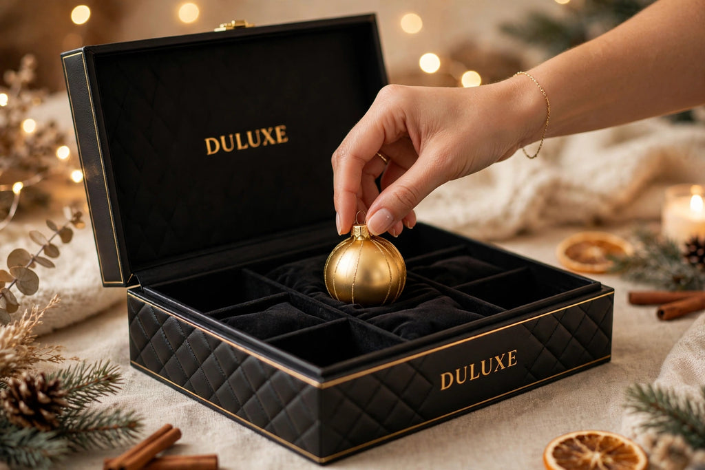 Mains qui rangent délicatement une boule de Noël fragile dans son compartiment
