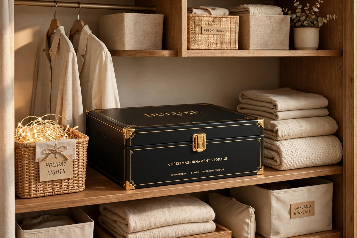 Boîte de rangement pour ornements rangée proprement dans un placard