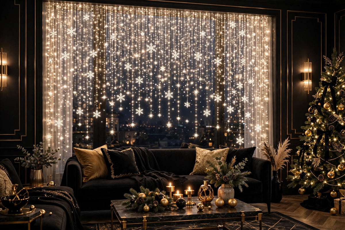 Rideau lumineux de Noël installé sur une fenêtre de salon décorée pour les Fêtes