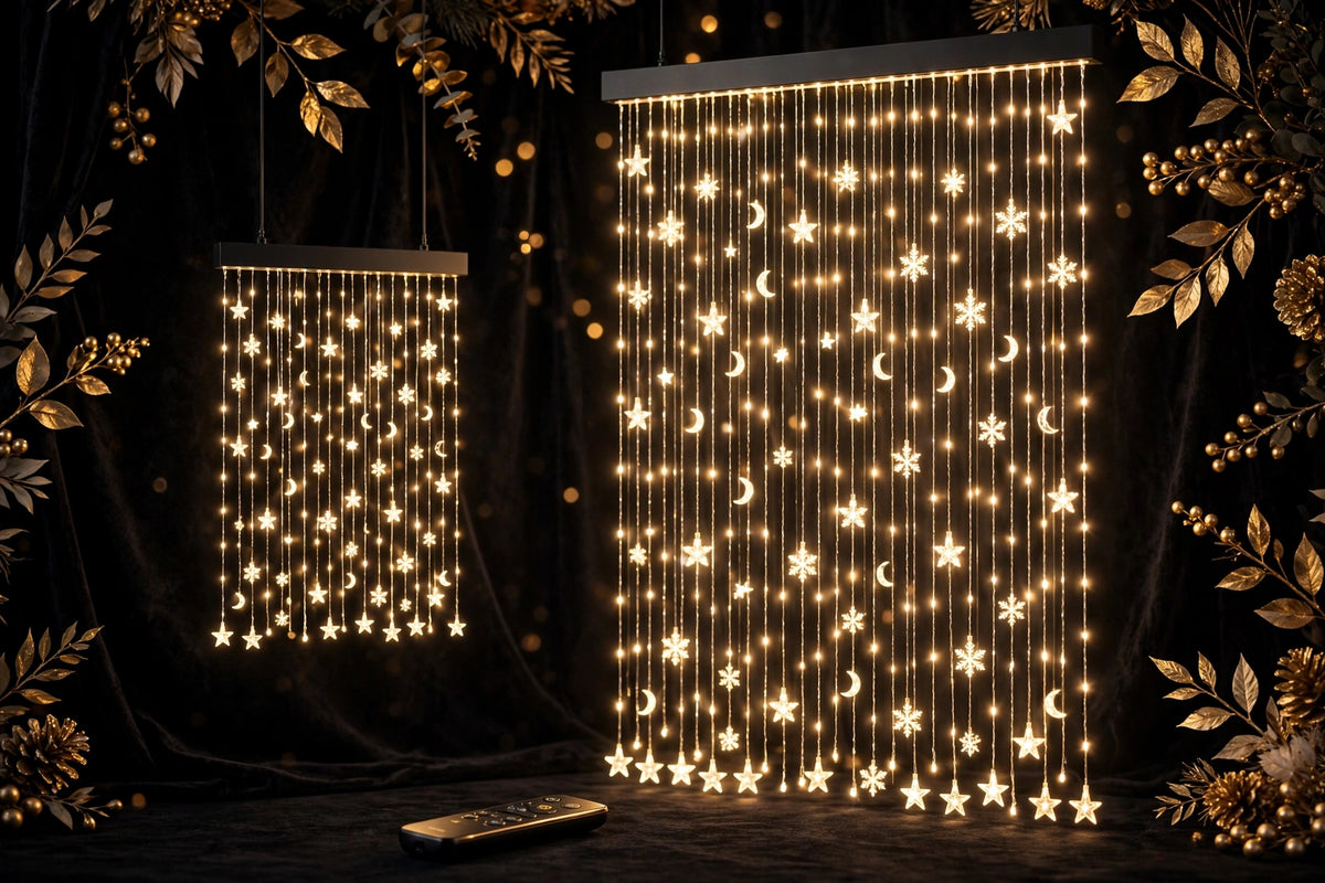 Les deux formats du rideau lumineux de Noël DULUXE, fenêtre standard et grande fenêtre