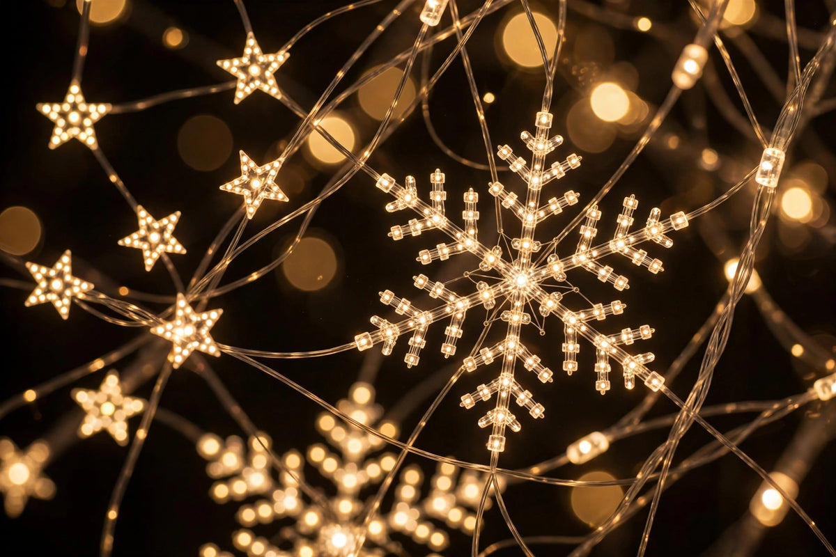 Gros plan sur les micro-lumières LED blanc chaud du rideau lumineux de Noël DULUXE