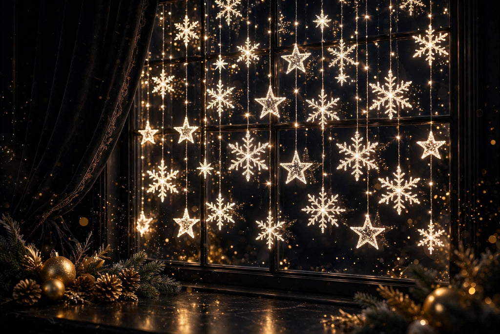 Ambiance féerique de nuit créée par le rideau lumineux de Noël dans une chambre