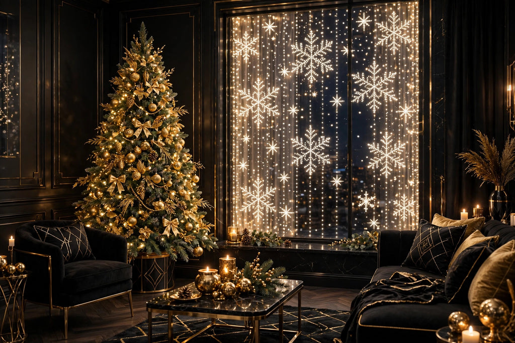 Salon des Fêtes baigné dans la lumière chaude du rideau lumineux de Noël DULUXE