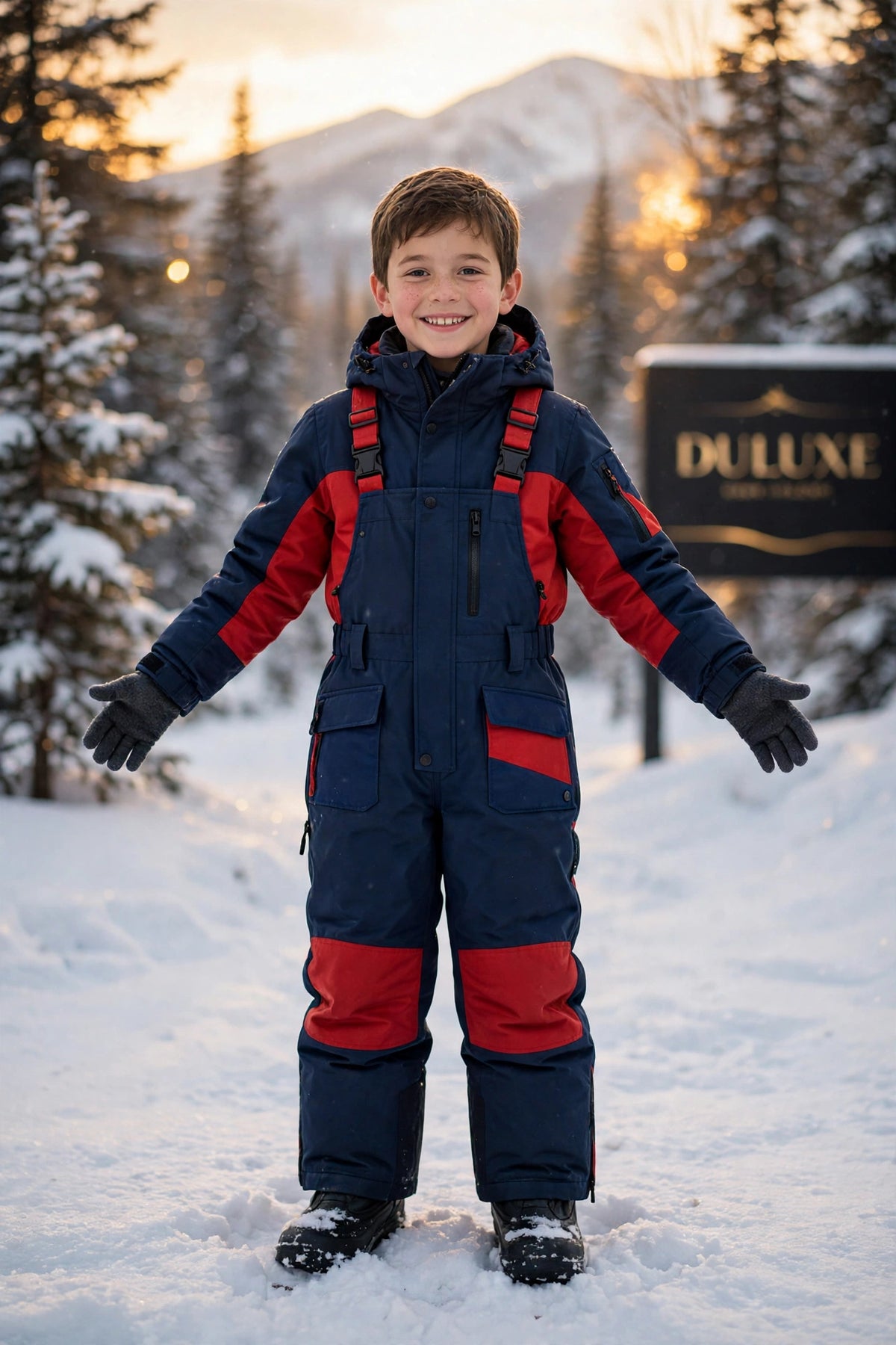 Enfant souriant en salopette de neige marine et rouge dans un paysage hivernal canadien, visuel principal DULUXE