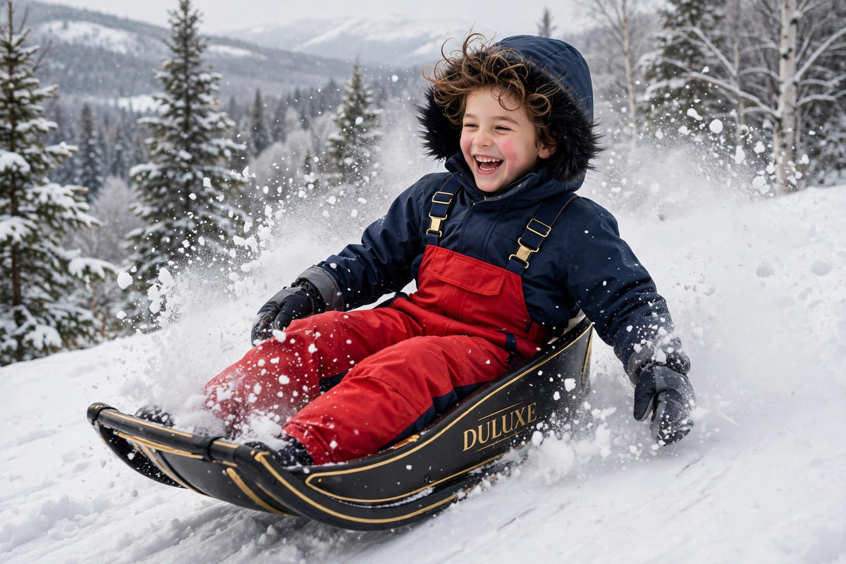 Enfant en salopette de neige marine et rouge qui glisse en traîneau dans la neige canadienne