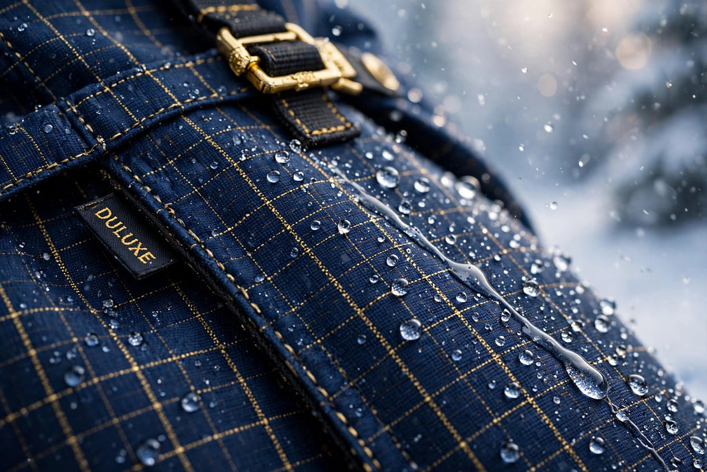 Gros plan du tissu imperméable de la salopette de neige avec gouttes d'eau qui perlent