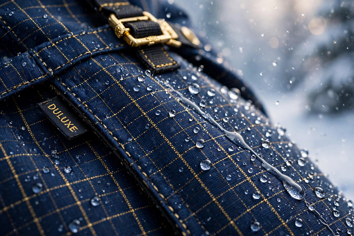 Gros plan du tissu imperméable de la salopette de neige avec gouttes d'eau qui perlent