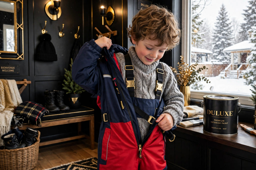 Enfant qui enfile sa salopette de neige par-dessus un chandail d'hiver