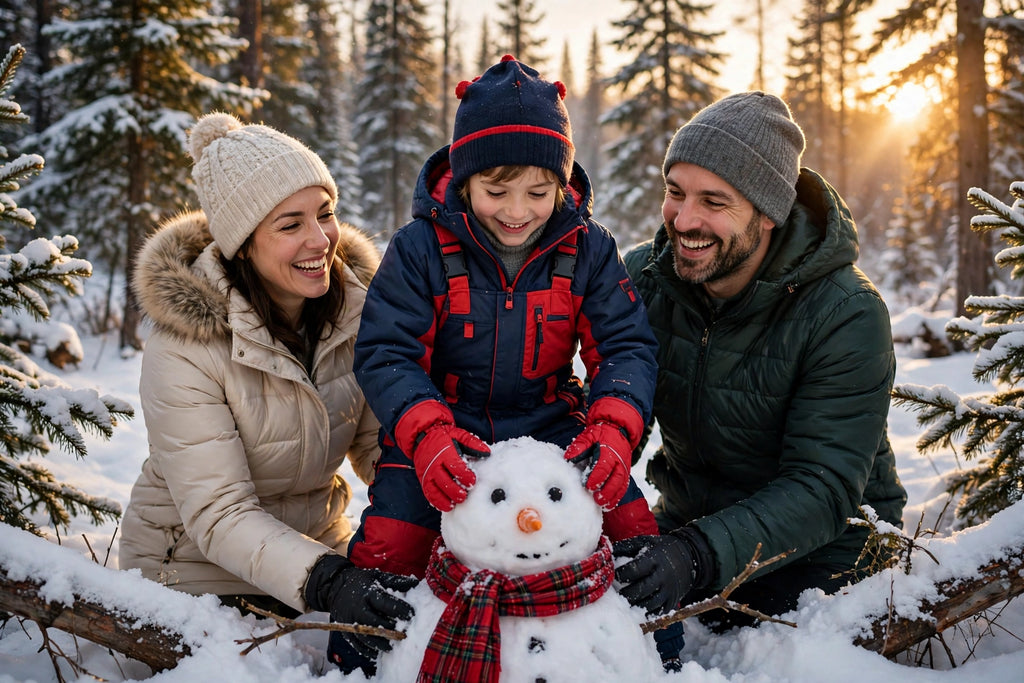 Famille qui fait un bonhomme de neige avec un enfant en salopette de neige marine et rouge