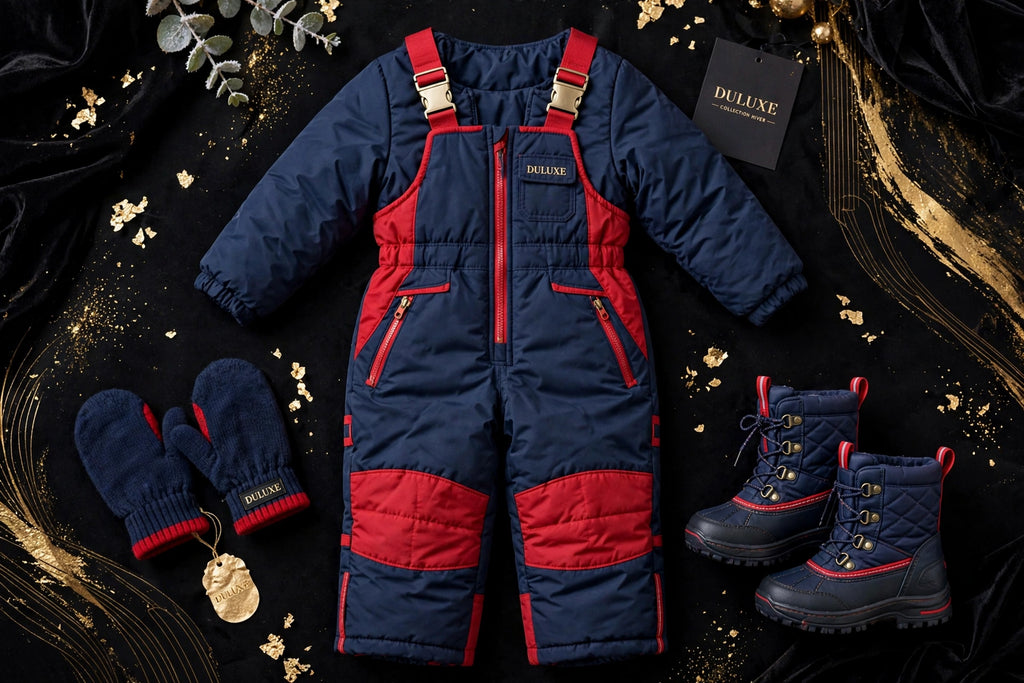 Salopette de neige pour enfant suspendue avec bottes de neige et moufles sur fond doré DULUXE