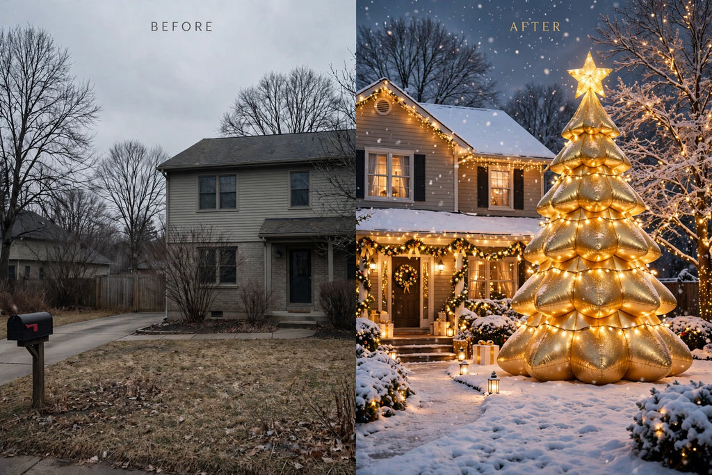 Avant et après : une cour terne transformée en décor féerique avec le sapin gonflable lumineux DULUXE