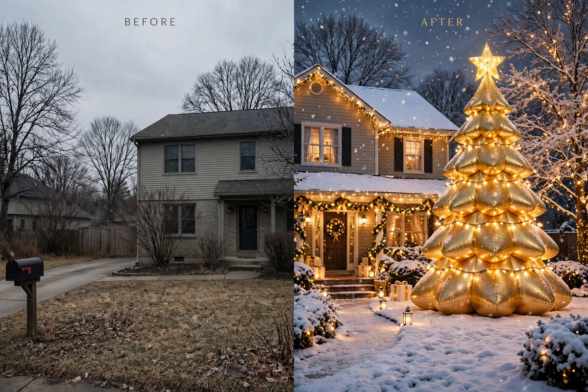 Avant et après : une cour terne transformée en décor féerique avec le sapin gonflable lumineux DULUXE
