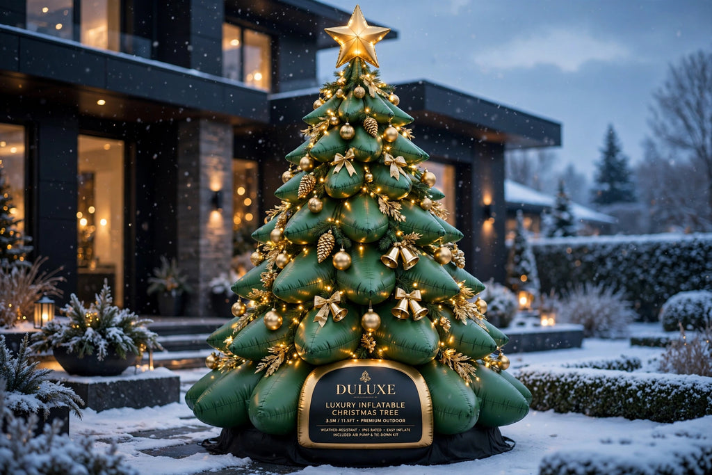 Sapin de Noël gonflable géant lumineux DULUXE illuminé de doré dans un jardin enneigé au crépuscule