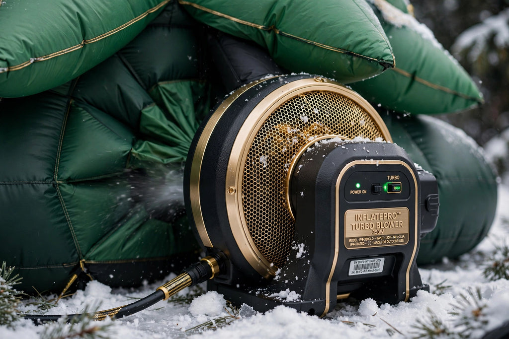 Détail du ventilateur électrique intégré à la base du sapin gonflable pour un gonflage rapide