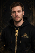 Homme portant le sweat à capuche noir à grande fermeture éclair DULUXE, photo principale premium noir et doré