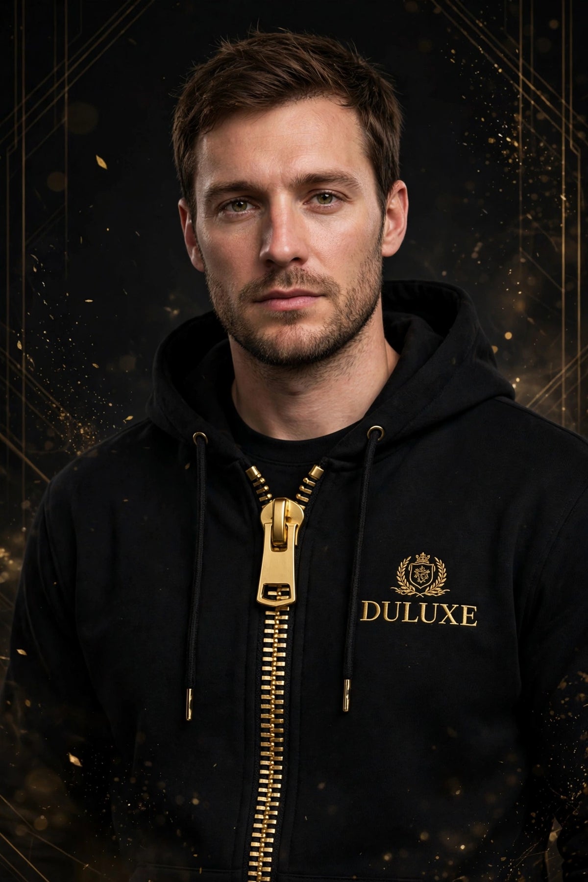 Homme portant le sweat à capuche noir à grande fermeture éclair DULUXE, photo principale premium noir et doré
