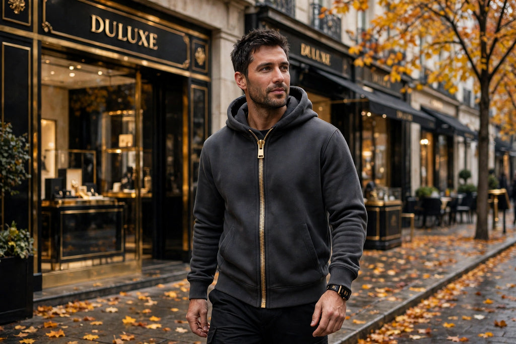 Homme portant le sweat à capuche à grande fermeture éclair dans une rue en automne