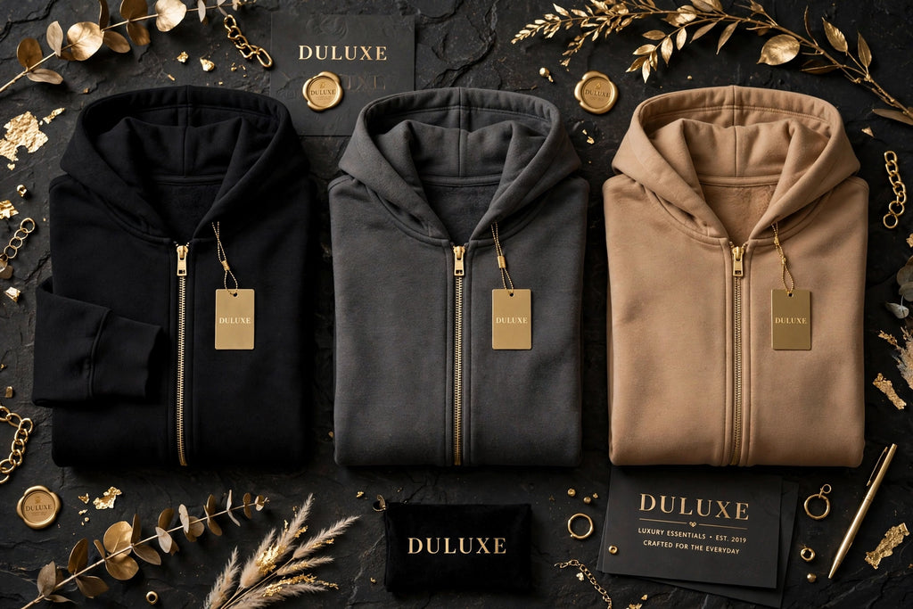 Les coloris du sweat à capuche à grande fermeture éclair pliés sur fond doré DULUXE