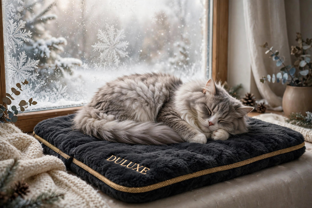 Chat endormi paisiblement sur son tapis auto-chauffant DULUXE près d'une fenêtre givrée