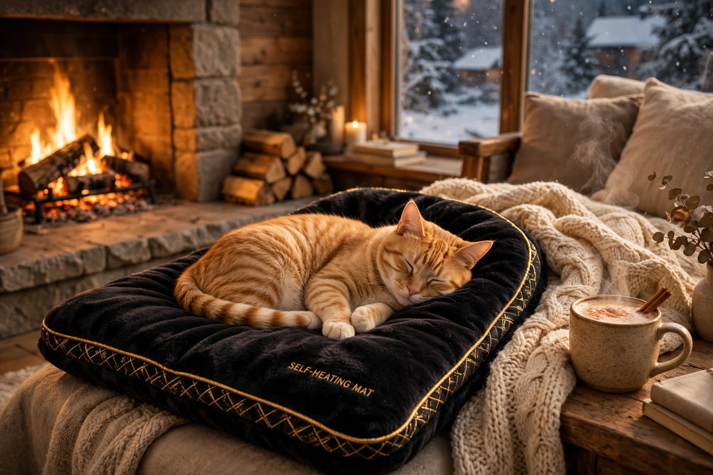 Ambiance hiver cocooning : chat au chaud sur son tapis auto-chauffant DULUXE