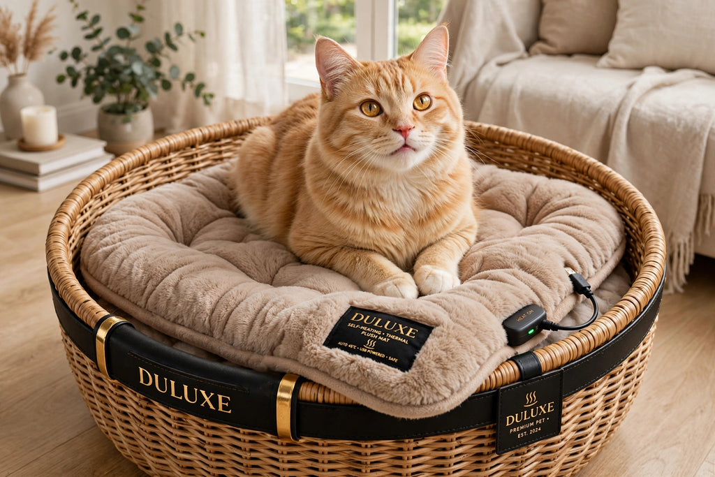 Tapis auto-chauffant DULUXE installé dans un panier pour chat