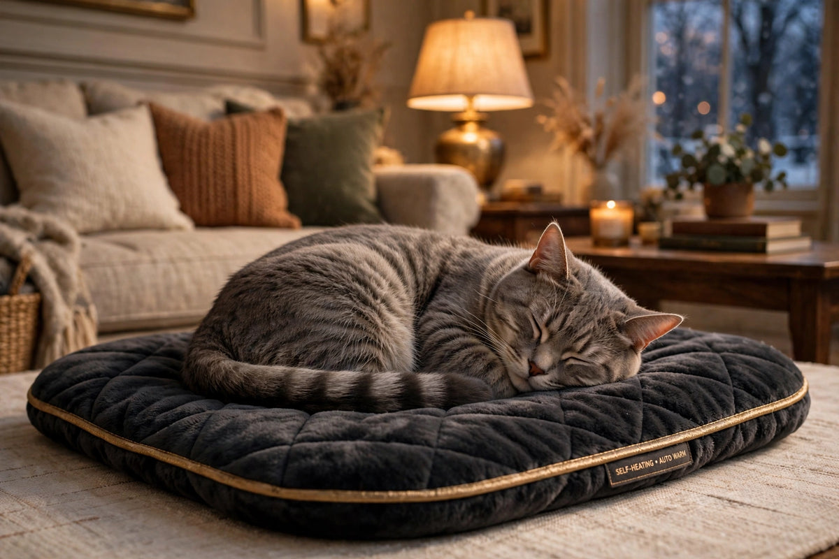 Chat roulé en boule sur son tapis auto-chauffant dans un salon chaleureux