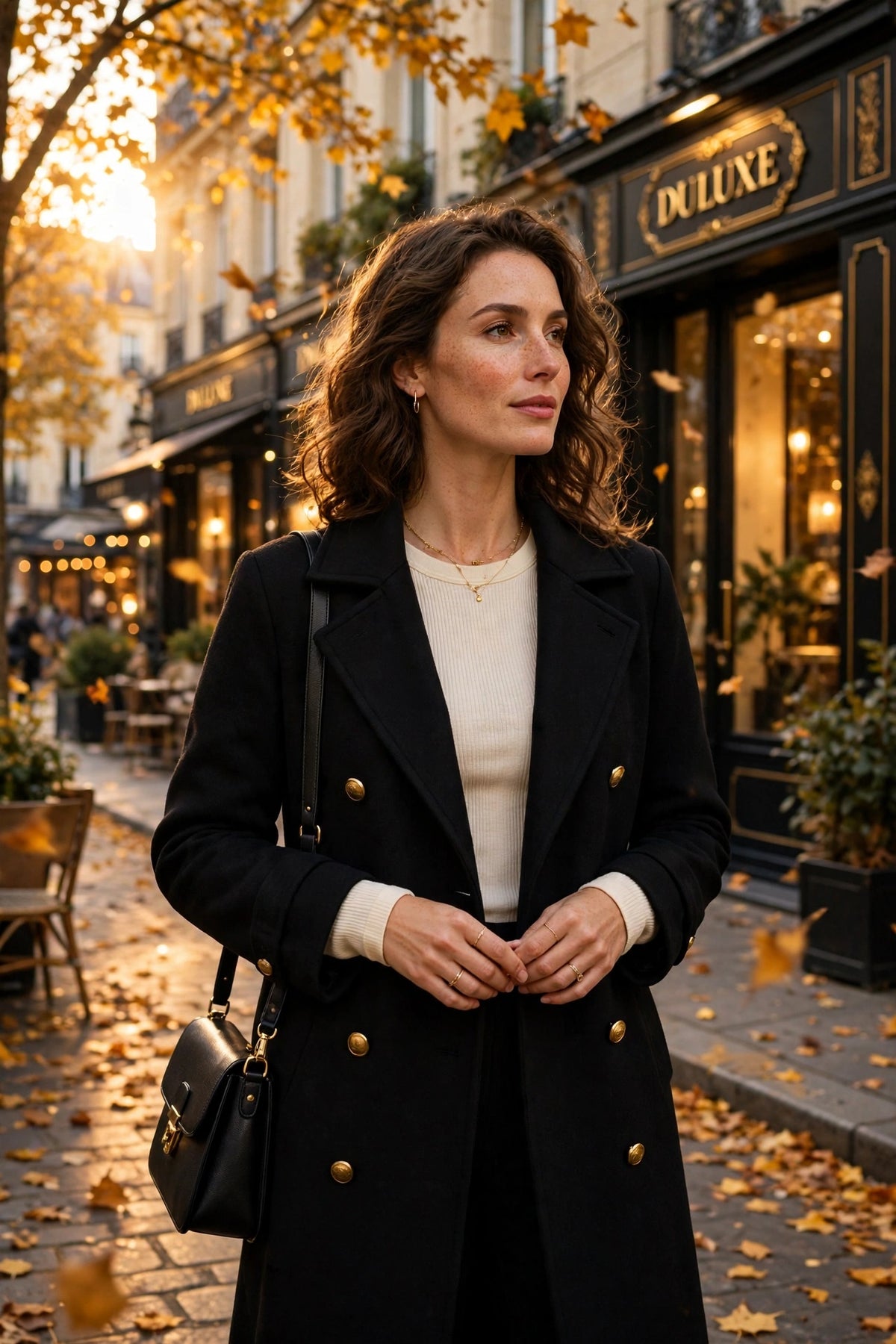 Femme portant le top thermique crème en superposition sous un manteau d'automne dans la rue