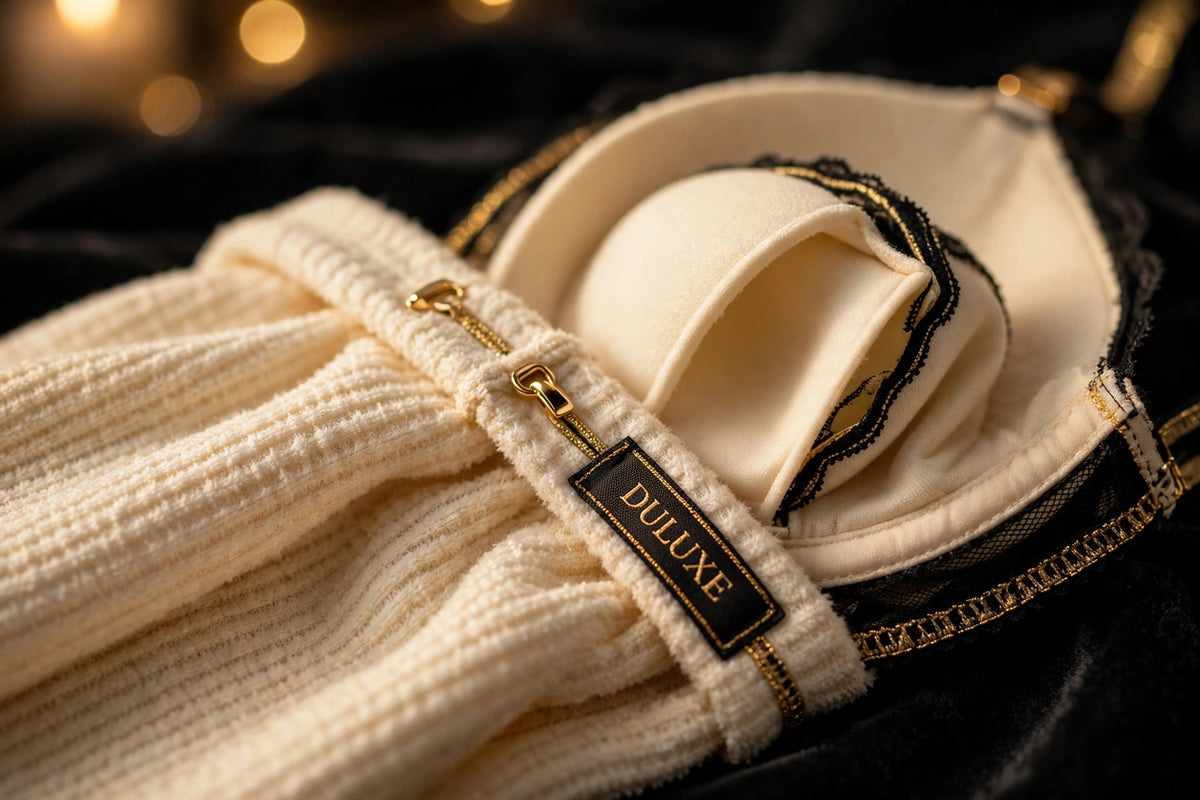 Gros plan sur la matière thermique douce du top et son soutien-gorge intégré à bonnet amovible