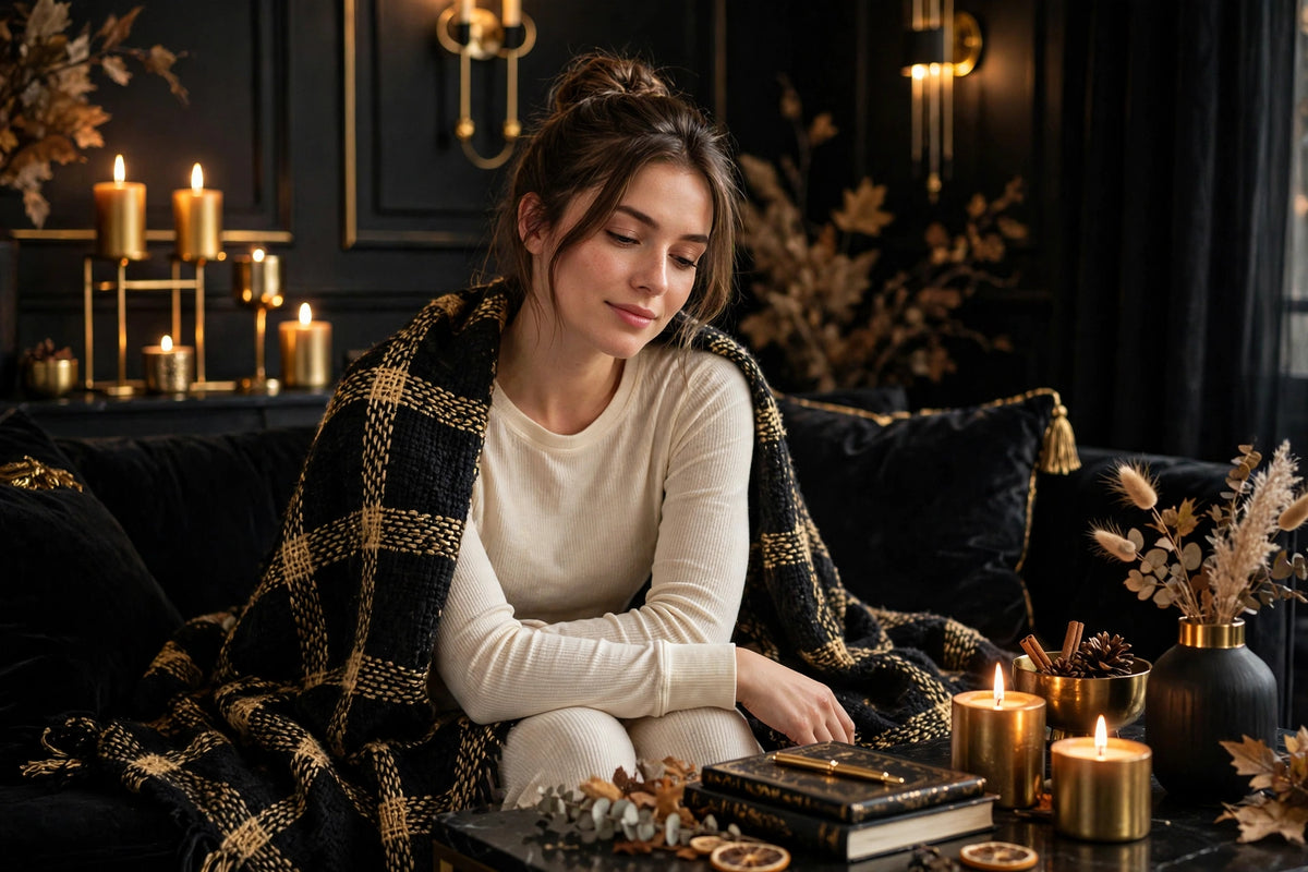Femme portant seule le top thermique crème à la maison dans une ambiance cocooning chaleureuse