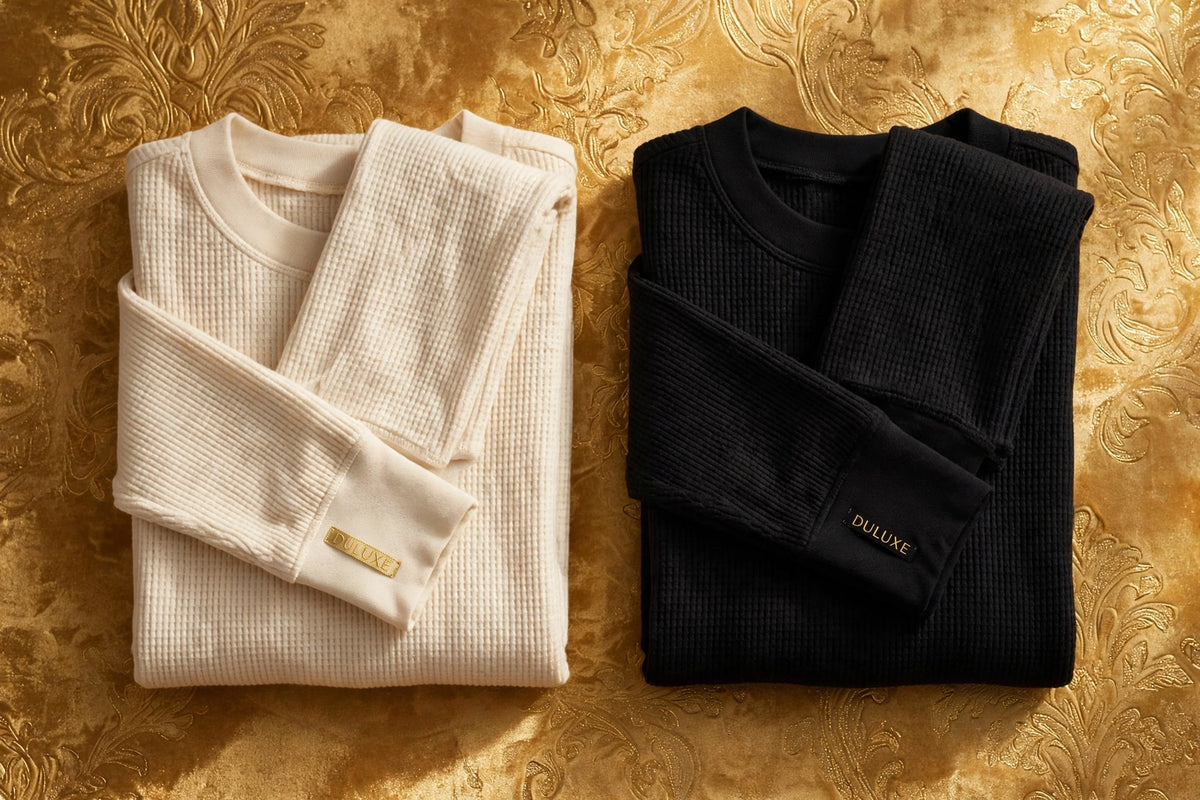 Les deux coloris crème et noir du top thermique pliés sur fond doré DULUXE