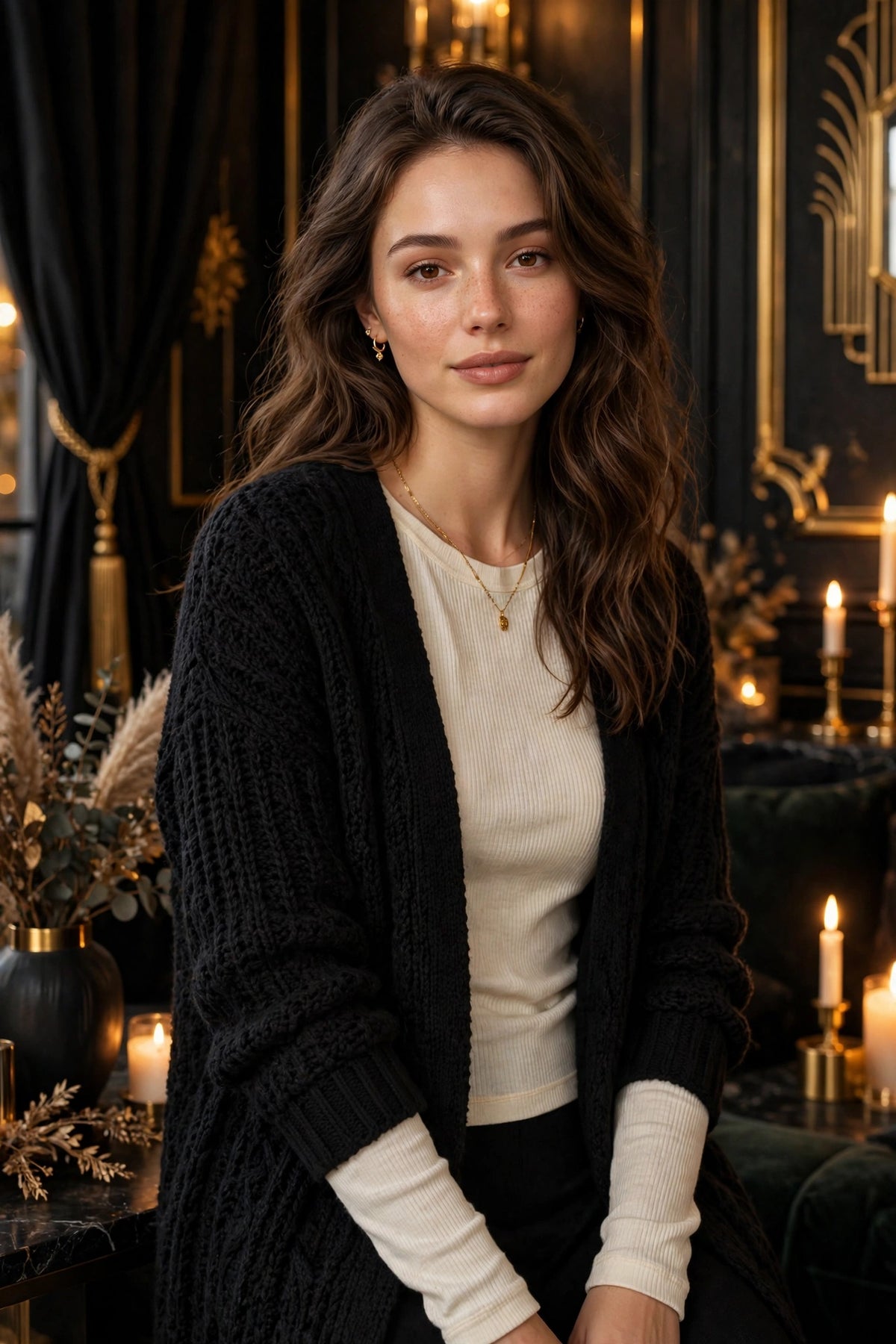 Femme portant le top thermique crème sous un chandail en maille pour l'automne et l'hiver