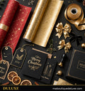 Set d'emballage cadeau de Noël premium DULUXE complet, papiers, rubans dorés et étiquettes, visuel principal