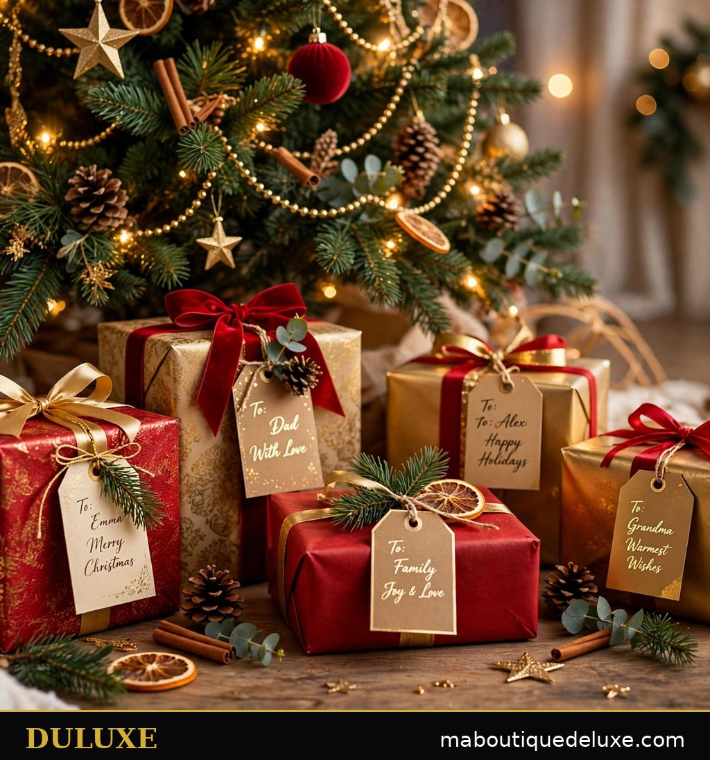 Cadeaux de Noël emballés avec le set DULUXE sous le sapin décoré, papiers rouge et or et rubans dorés