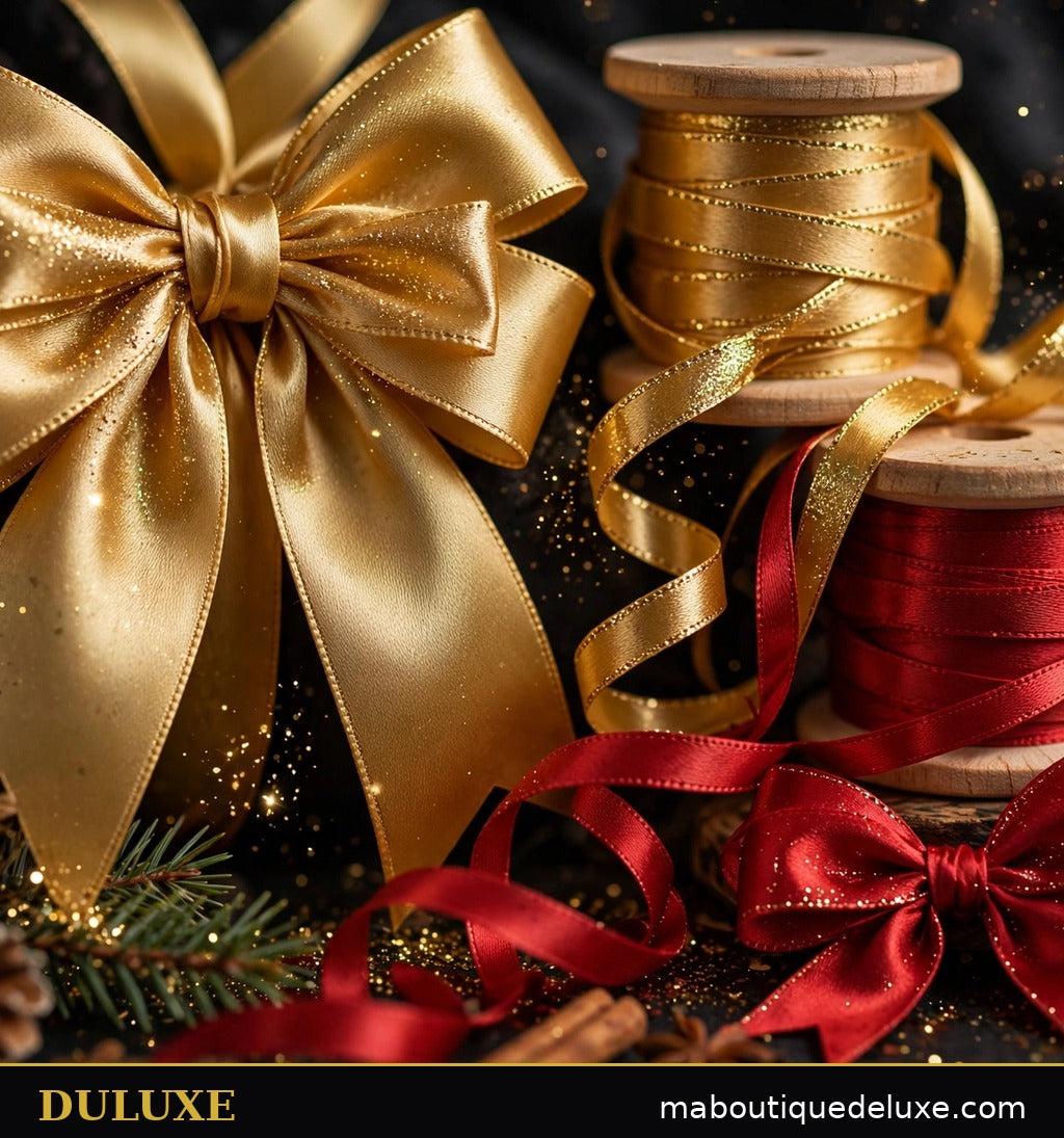Gros plan sur les rubans dorés satinés et les nœuds décoratifs du set d'emballage cadeau DULUXE