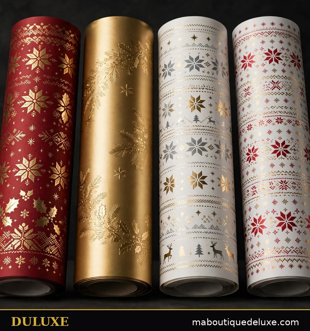 Rouleaux de papiers cadeaux de Noël premium DULUXE aux motifs des fêtes et finitions dorées