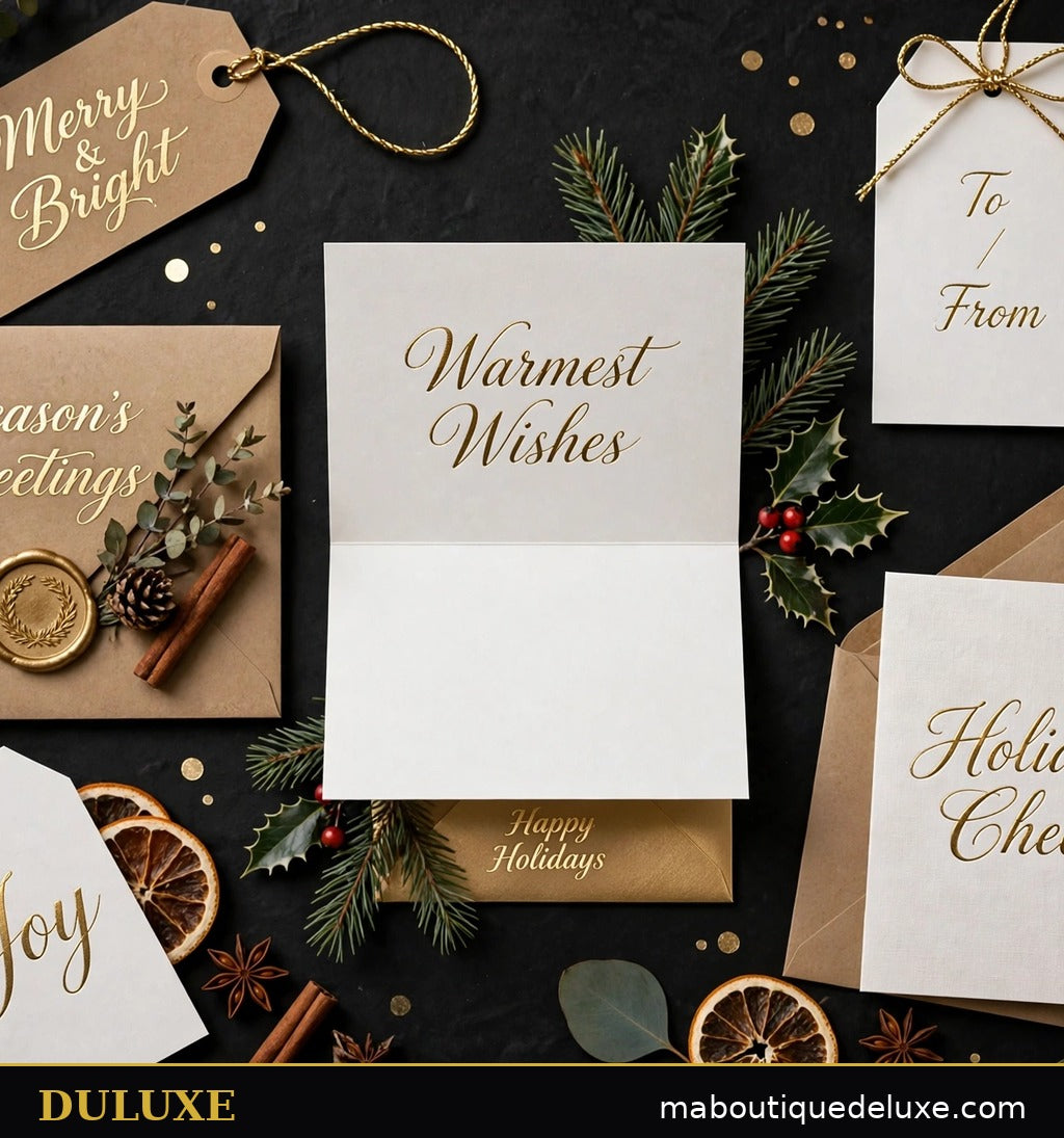 Étiquettes cadeaux et cartes de vœux dorées du set d'emballage de Noël DULUXE à plat