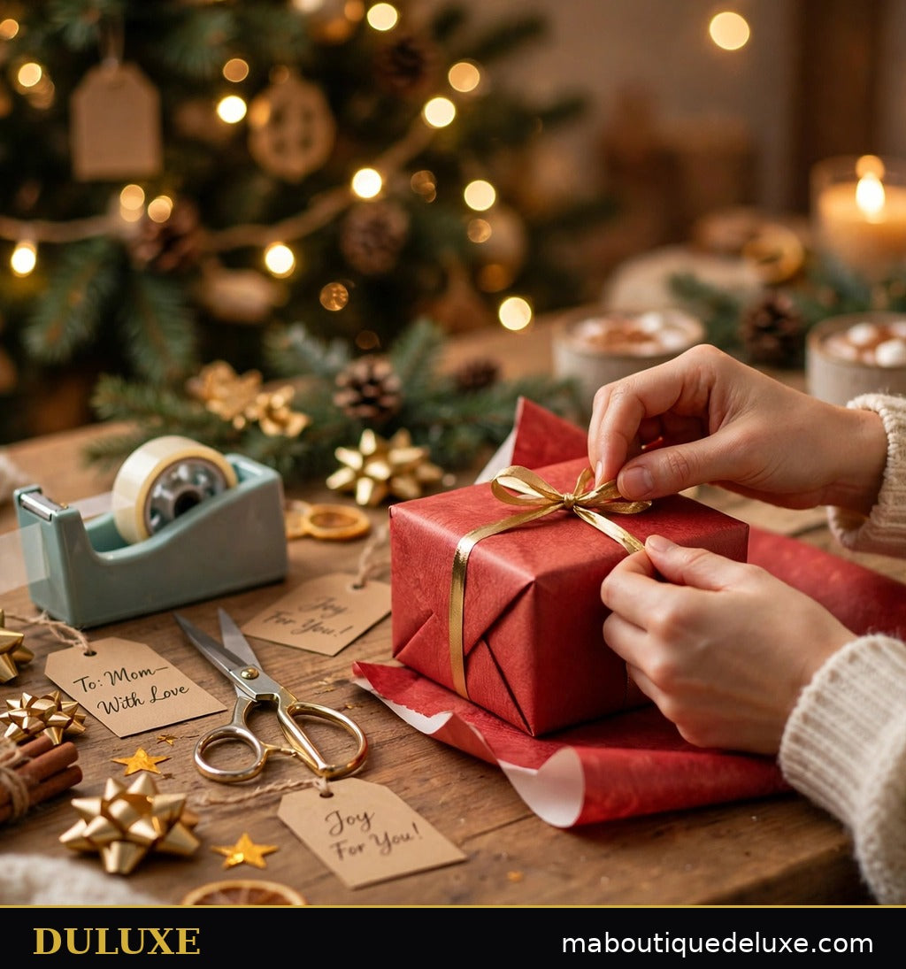 Table d'emballage de Noël féerique avec le set DULUXE, cadeau en cours d'emballage et accessoires