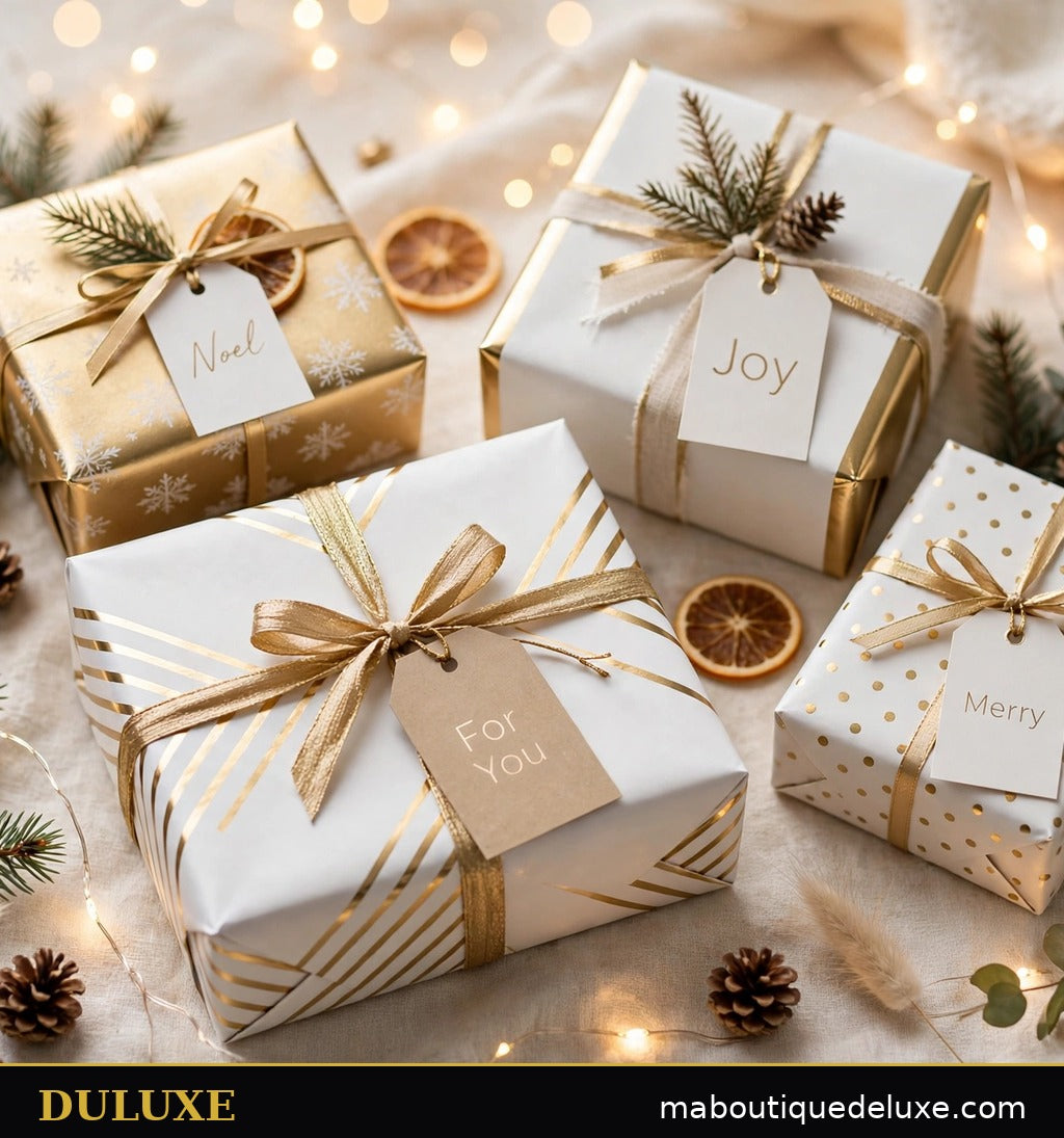 Cadeaux style scandinave blanc et doré emballés avec le set DULUXE, rubans dorés et étiquettes élégantes