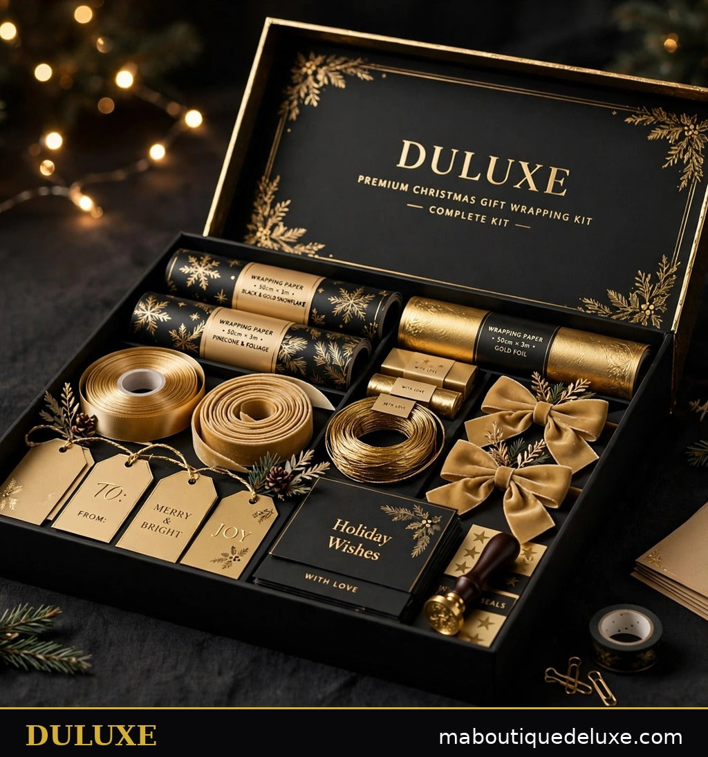 Set d'emballage cadeau de Noël DULUXE présenté en coffret noir et or près du sapin, idée cadeau complète