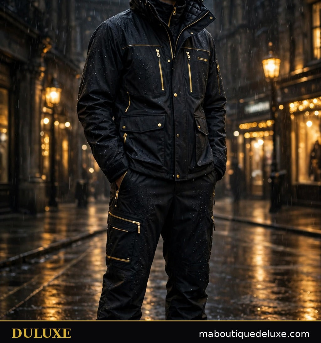 Ensemble imperméable doublé polaire pour homme DULUXE — veste et pantalon noirs portés sous une pluie fine, gouttes qui perlent, fond urbain sombre aux accents dorés