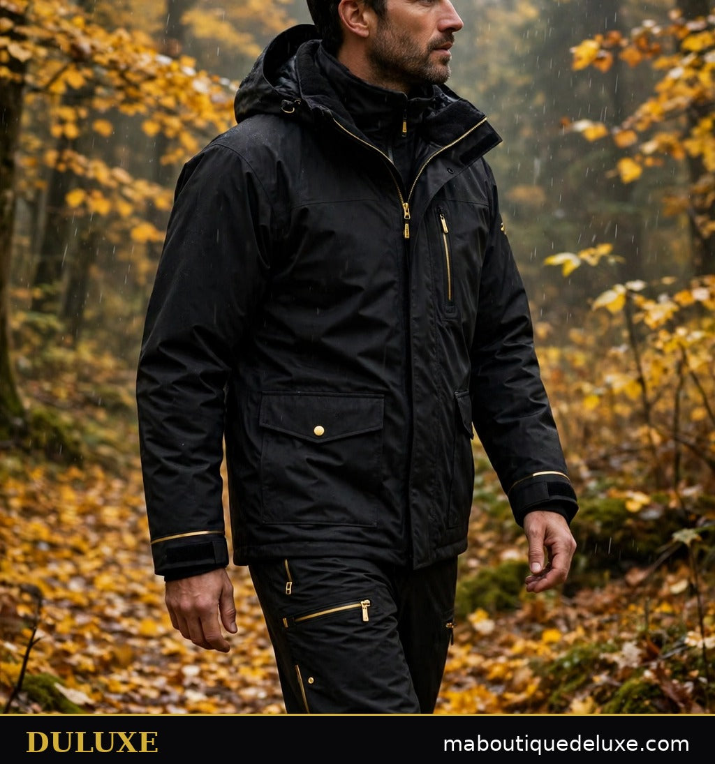 Ensemble imperméable doublé polaire pour homme DULUXE — homme marchant en forêt d'automne avec la veste et le pantalon noirs, feuilles dorées