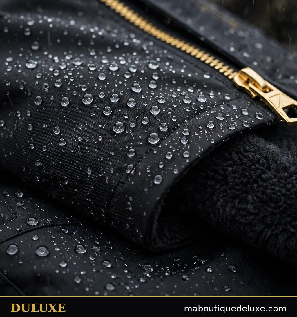 Ensemble imperméable doublé polaire pour homme DULUXE — gros plan de l'eau qui perle sur le tissu imperméable noir de la veste